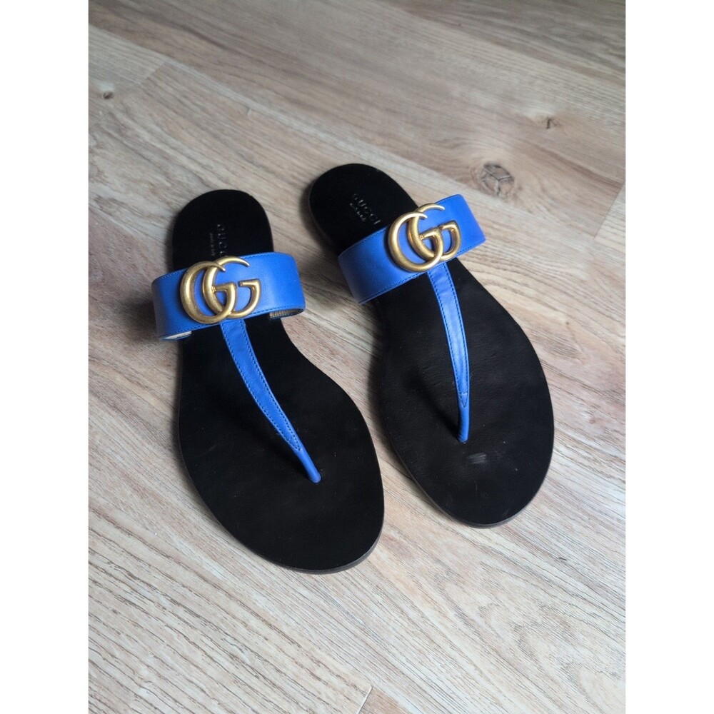 Gucci Marmont Double G Logo Blue Leather Thong Sandals Womens 9 EU 39 RARE